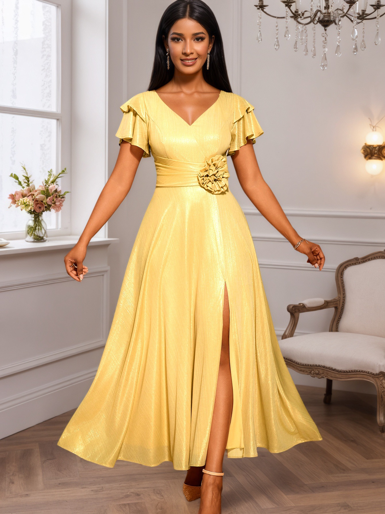 Plus-Sizes Elegant Lurex A-Line Maxi Dress with Ruffle Sleeves AM050408	-UGENA FASHION