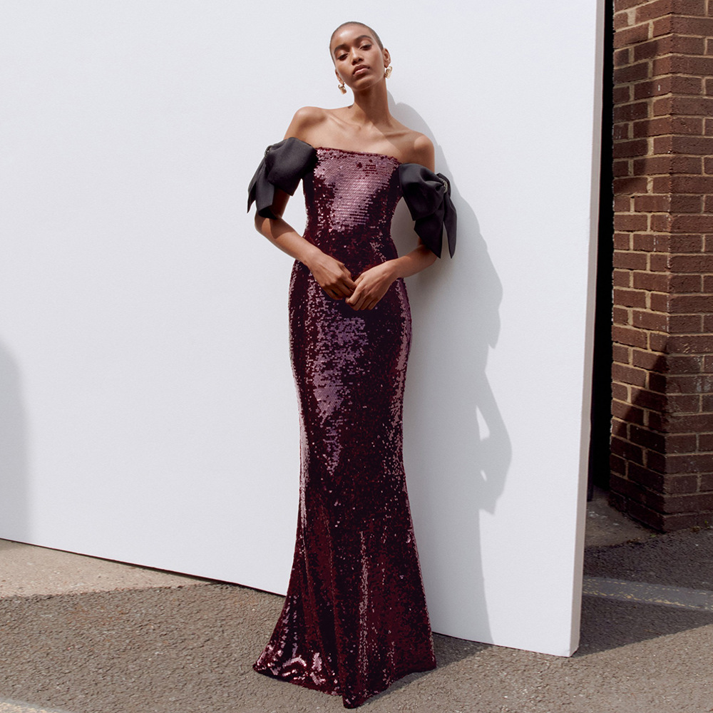Elegant Wine Red Sequin Off-the-Shoulder Evening Gown - Formal Maxi Dress with Oversized Black Bow Sleeves for Gala & Prom Z0044