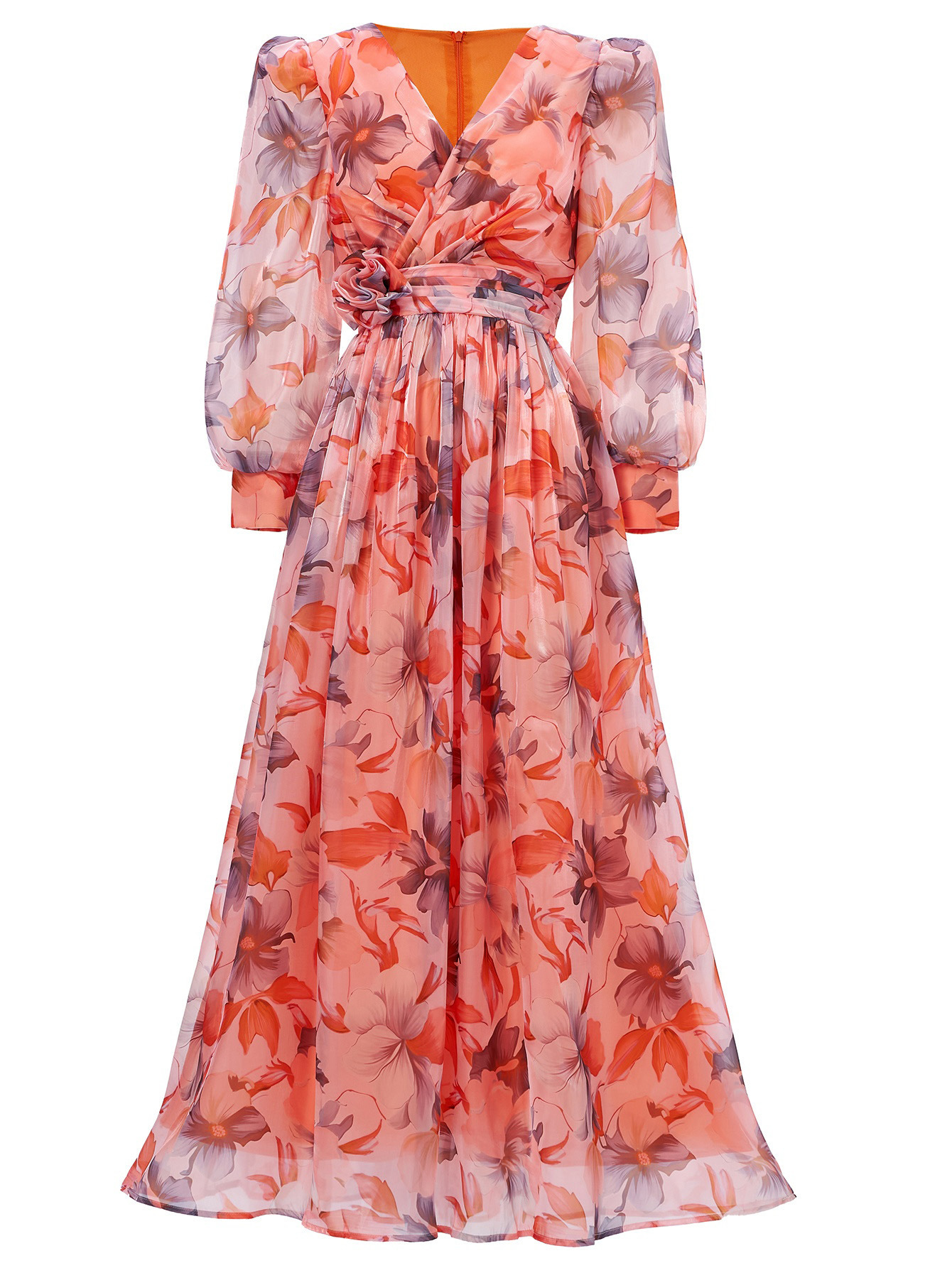 Coral Floral Print Maxi Chiffon Dress | V-Neck Long Sleeve Flowy Gown with Ruched Waist Detail | Elegant Summer Wedding Guest Attire qc19
