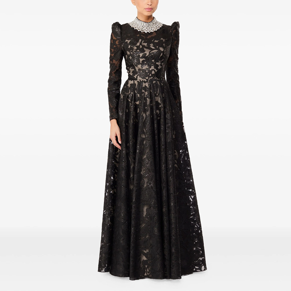 Luxurious Black Lace Long Sleeve Evening Gown with Crystal Jeweled Collar - Elegant Floor-Length Formal Gala & Party Dress 9106