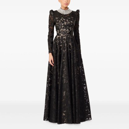 Luxurious Black Lace Long Sleeve Evening Gown with Crystal Jeweled Collar - Elegant Floor-Length Formal Gala & Party Dress 9106