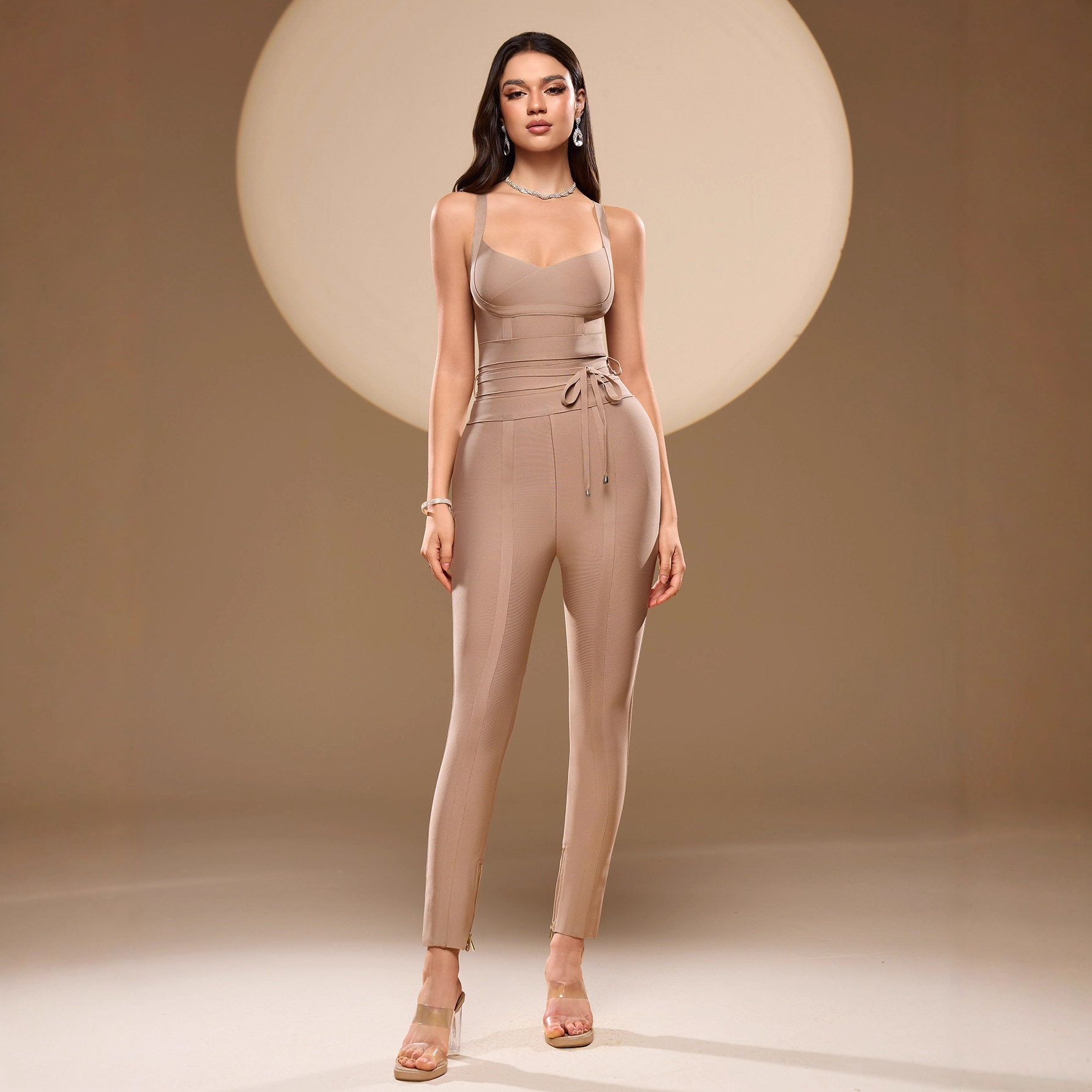Nude Bandage Bodycon Jumpsuit - Drawstring Waist Sleeveless Jumpsuit with Ankle Zippers BD028