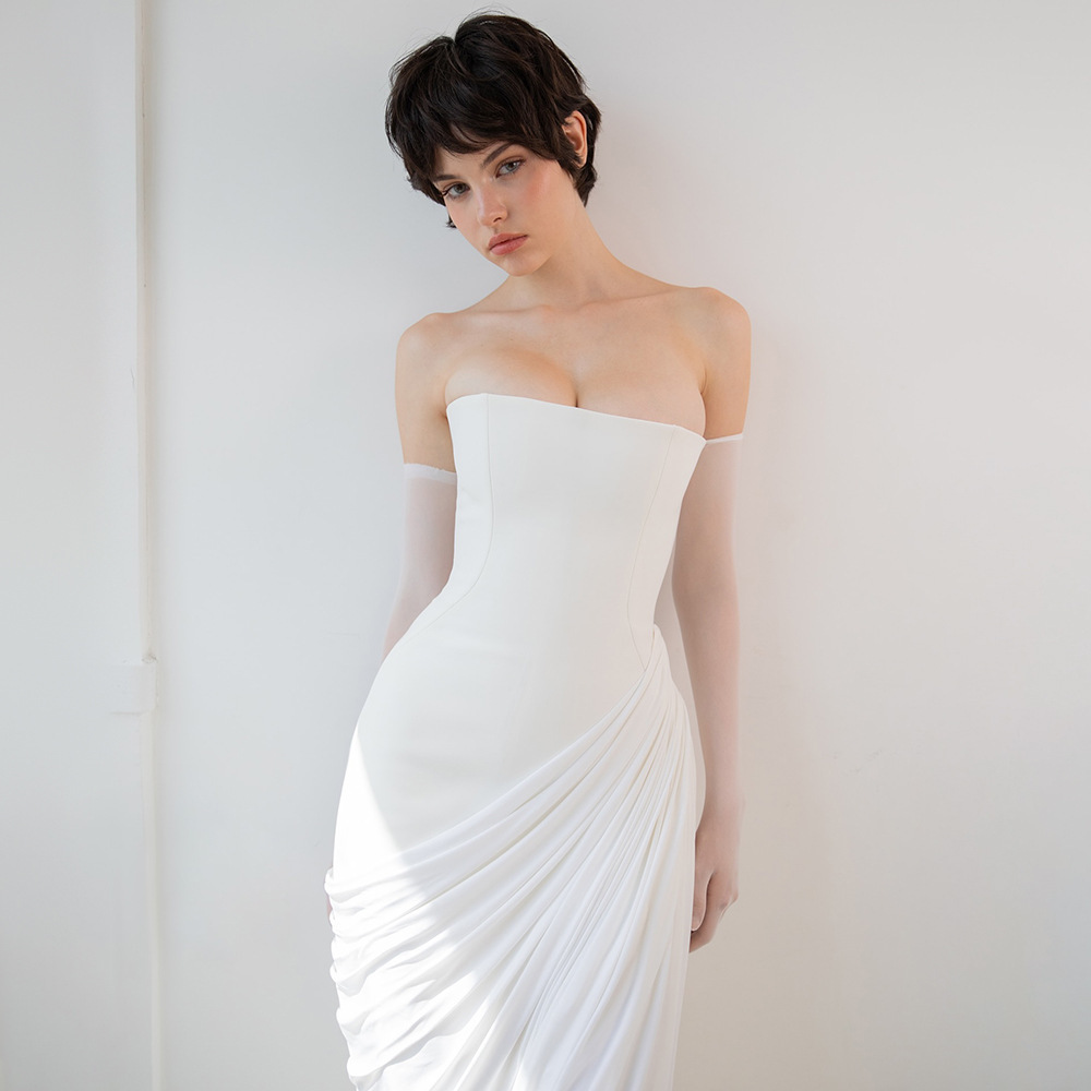 Luxurious White Corset Back Strapless Gown - Asymmetric Draped High Slit Maxi Dress for Modern Bridal & Event BD2670