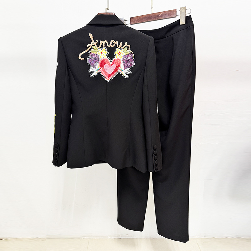 In Stock 2025 European and American Celebrity Fashion New Heavy Beaded Embroidered Blazer and Pants Set Two-Piece Set