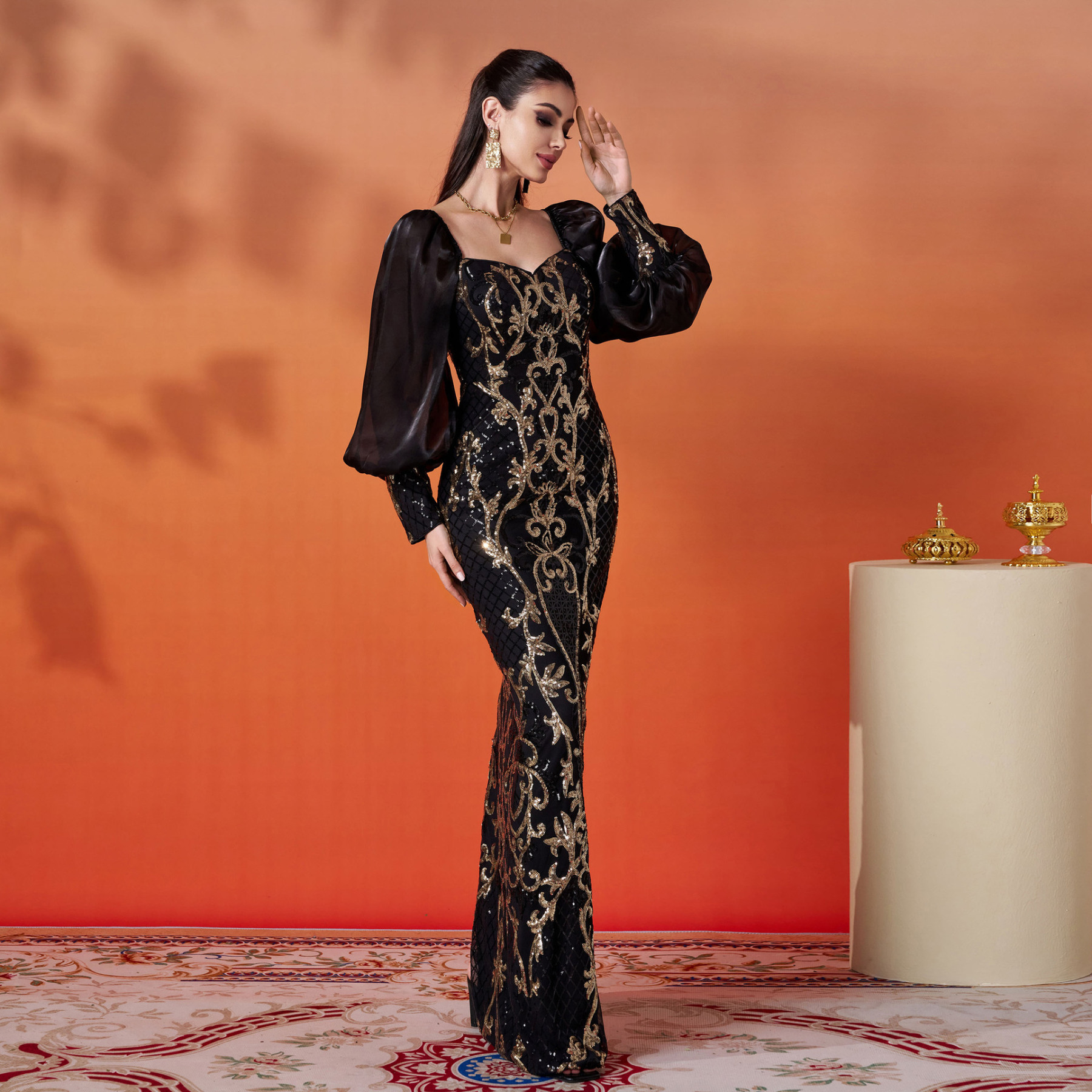Luxury Black & Gold Sequin Mermaid Gown with Romantic Bishop Sleeves gm00759