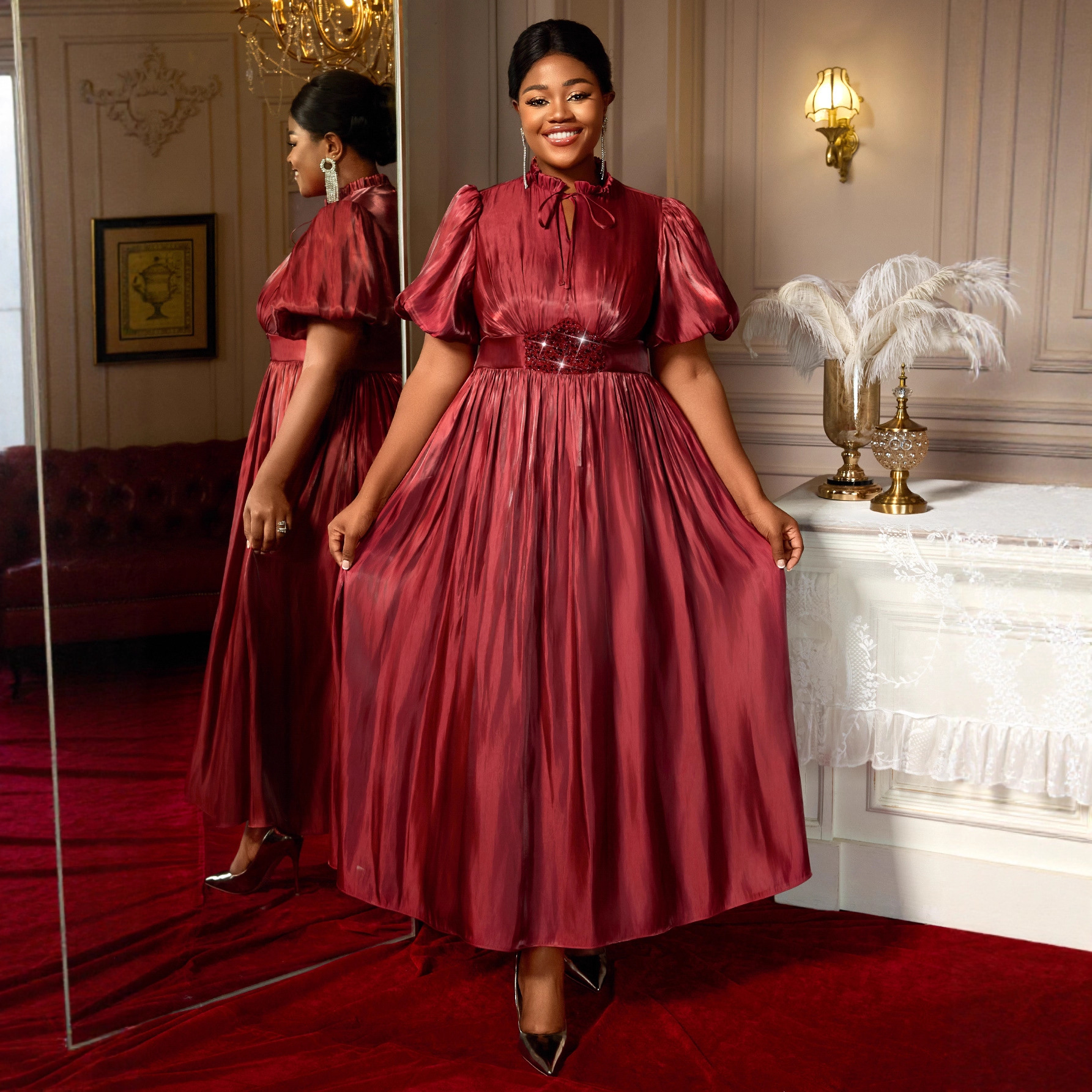 Plus-Sizes Elegant Satin Gown with Puff Sleeves - Sequin Waist Detail AM050429	-UGENA FASHION