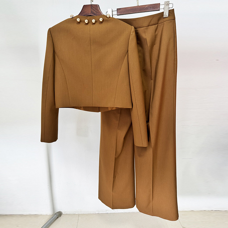Chic Brown Cropped Blazer & Wide Leg Trousers Set - Gold Button 3082