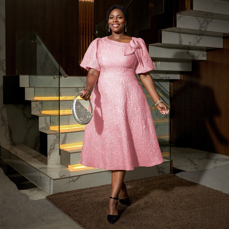 Plus-Sizes Elegant Jacquard Rose A-line Dress with Asymmetric Bow Neckline - Perfect for Wedding & Cocktail Parties AM040856	-UGENA FASHION