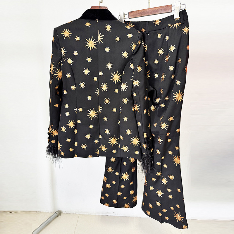 Black & Gold Star Print Suit Set - Feather Trim Flared Pants 3085