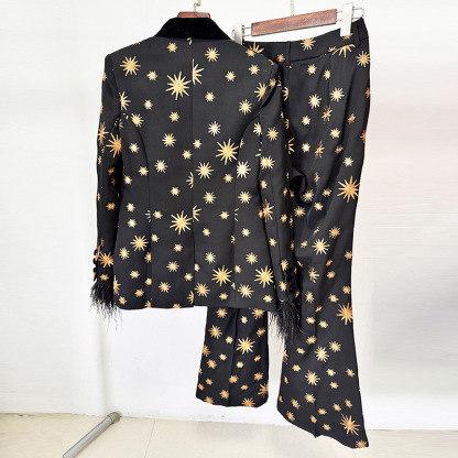 Black & Gold Star Print Suit Set - Feather Trim Flared Pants 3085