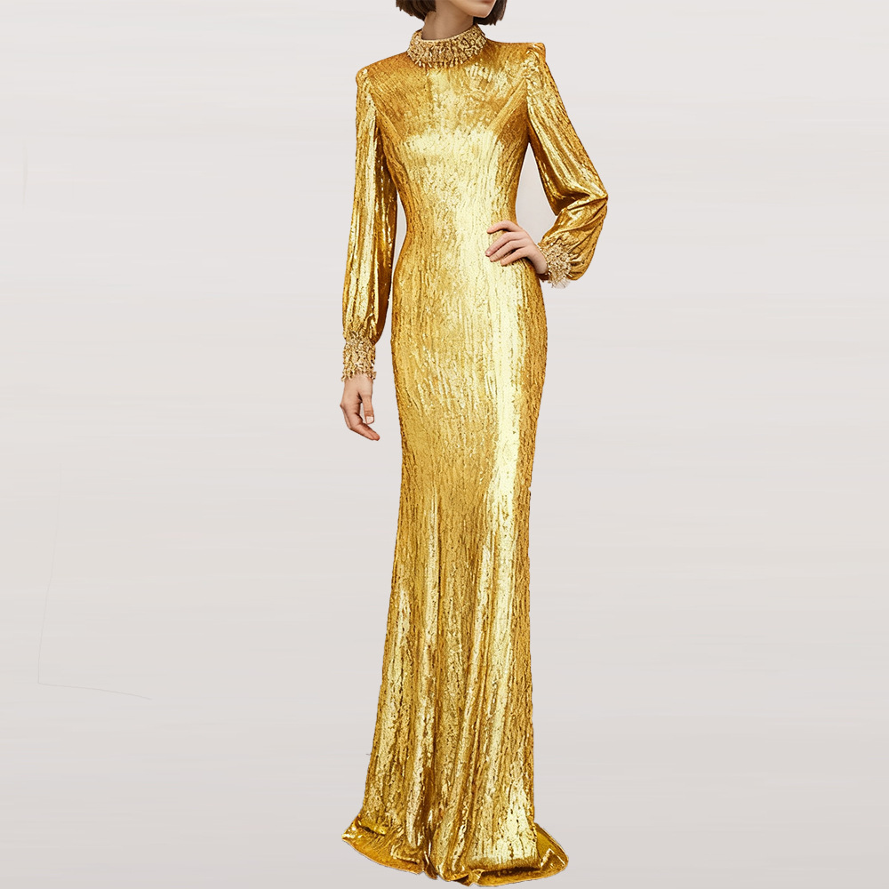 Dazzling Gold Sequin Long Sleeve Gown - Beaded High Neck Maxi 9098