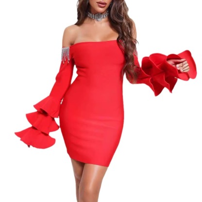 Show-Stopping Red Off Shoulder Bandage Mini Dress - Rhinestone Fringe & Ruffle Sleeves BA427
