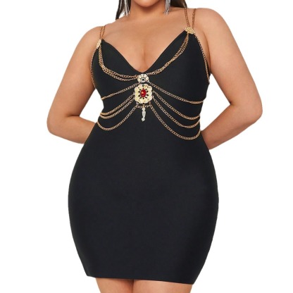Plus Size Black Bandage Mini Dress with Gold Chain & Jewel Embellishment BA426