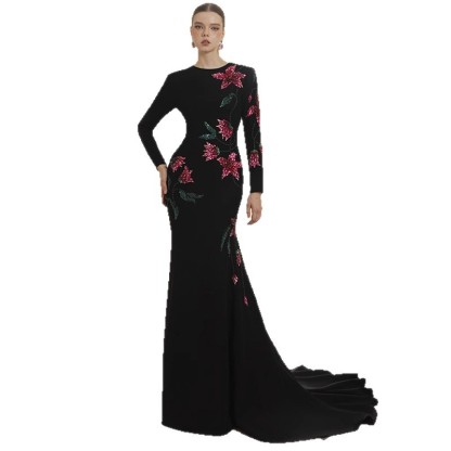 Luxurious Black Lace Long Sleeve Evening Gown with Crystal Jeweled Collar - Elegant Floor-Length Formal Gala & Wedding Guest Dress 9107