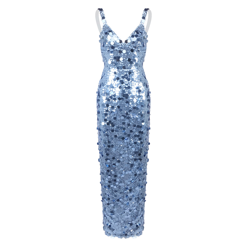 Dazzling Ice Blue Sequin V-Neck Gown - Sleeveless Bodycon Maxi Dress for Prom & Event Z0023