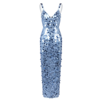 Dazzling Ice Blue Sequin V-Neck Gown - Sleeveless Bodycon Maxi Dress for Prom & Event Z0023