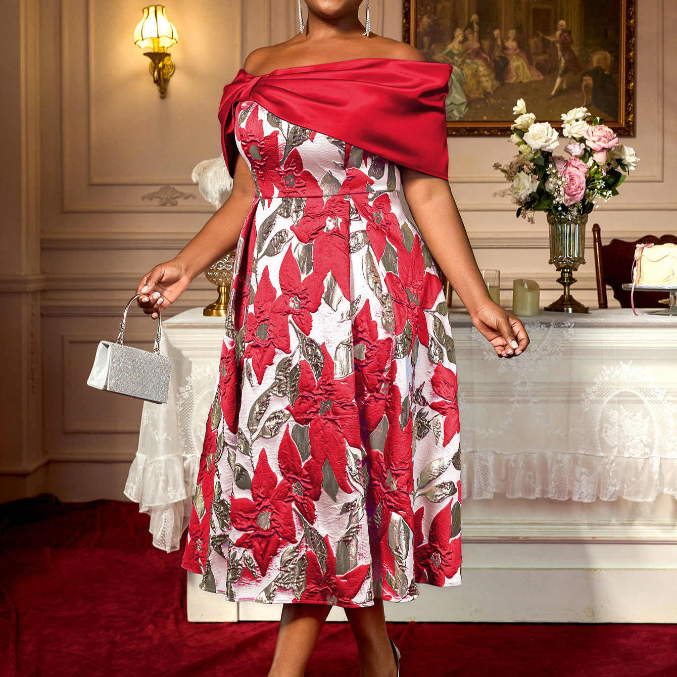 Plus-Sizes Floral Brocade Off-Shoulder Midi Cocktail Dress AM050225			-UGENA FASHION