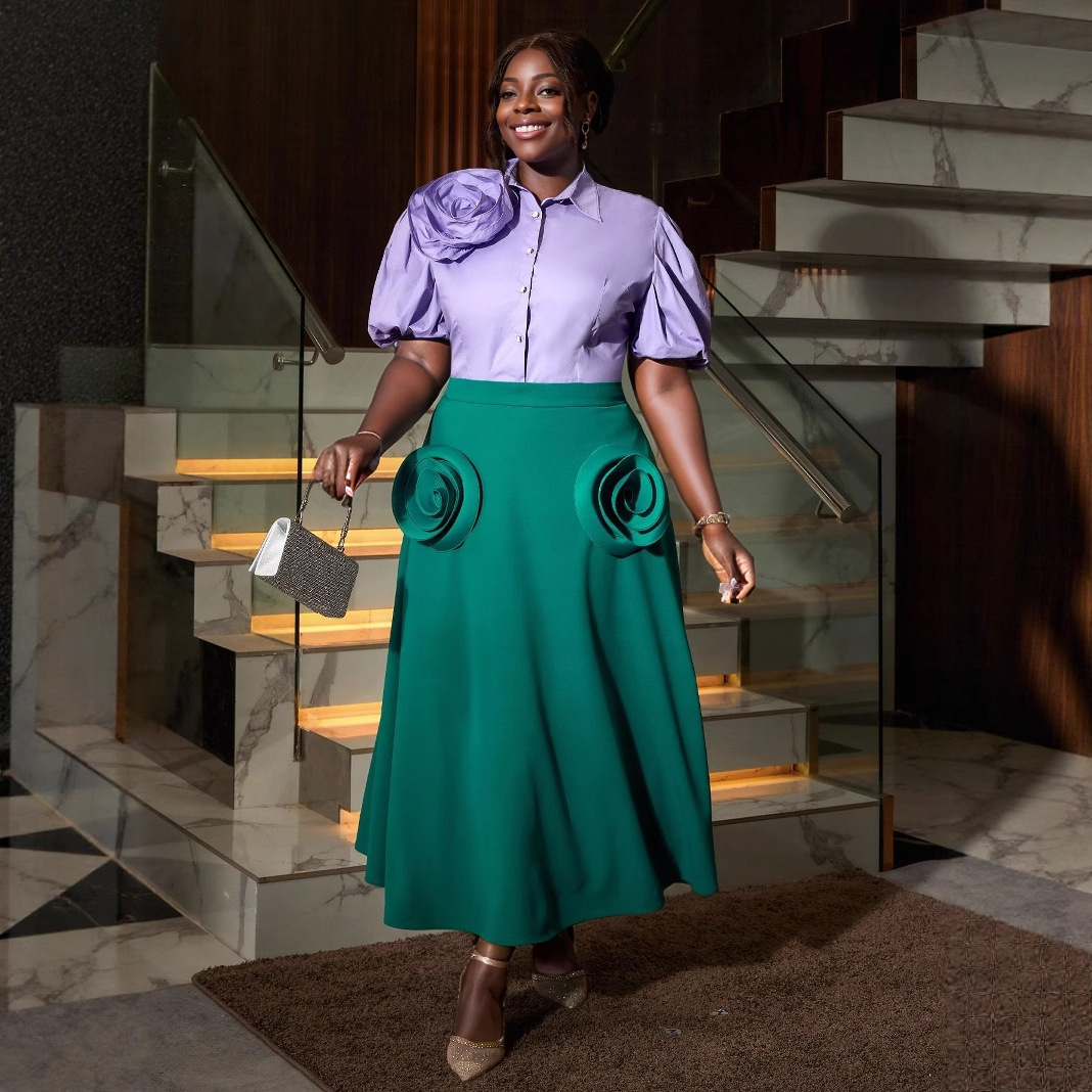 Plus-Sizes Elegant 3D Floral Blouse & Skirt Set - Two-Piece Outfit AM041031SET	-UGENA FASHION