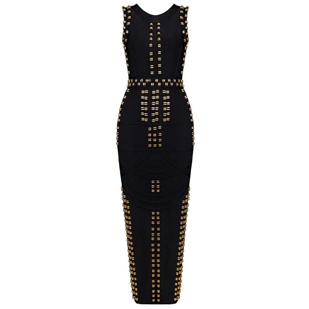 Luxury White & Gold Bandage Maxi Dress - Bodycon Gown with Metal Ring Embellishment | Black Tie BA362