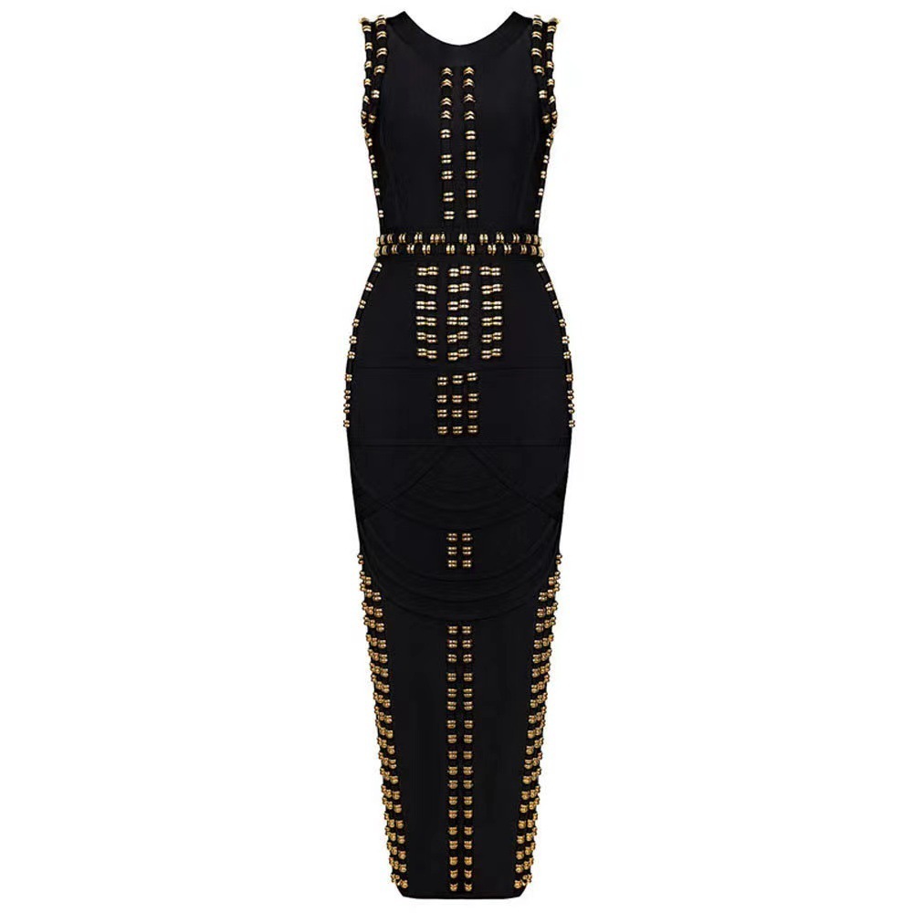 Luxury White & Gold Bandage Maxi Dress - Bodycon Gown with Metal Ring Embellishment | Black Tie BA362