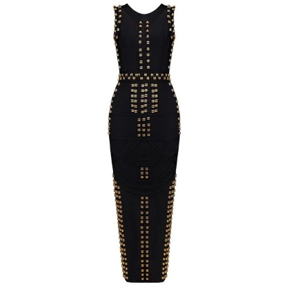 Luxury White & Gold Bandage Maxi Dress - Bodycon Gown with Metal Ring Embellishment | Black Tie BA362
