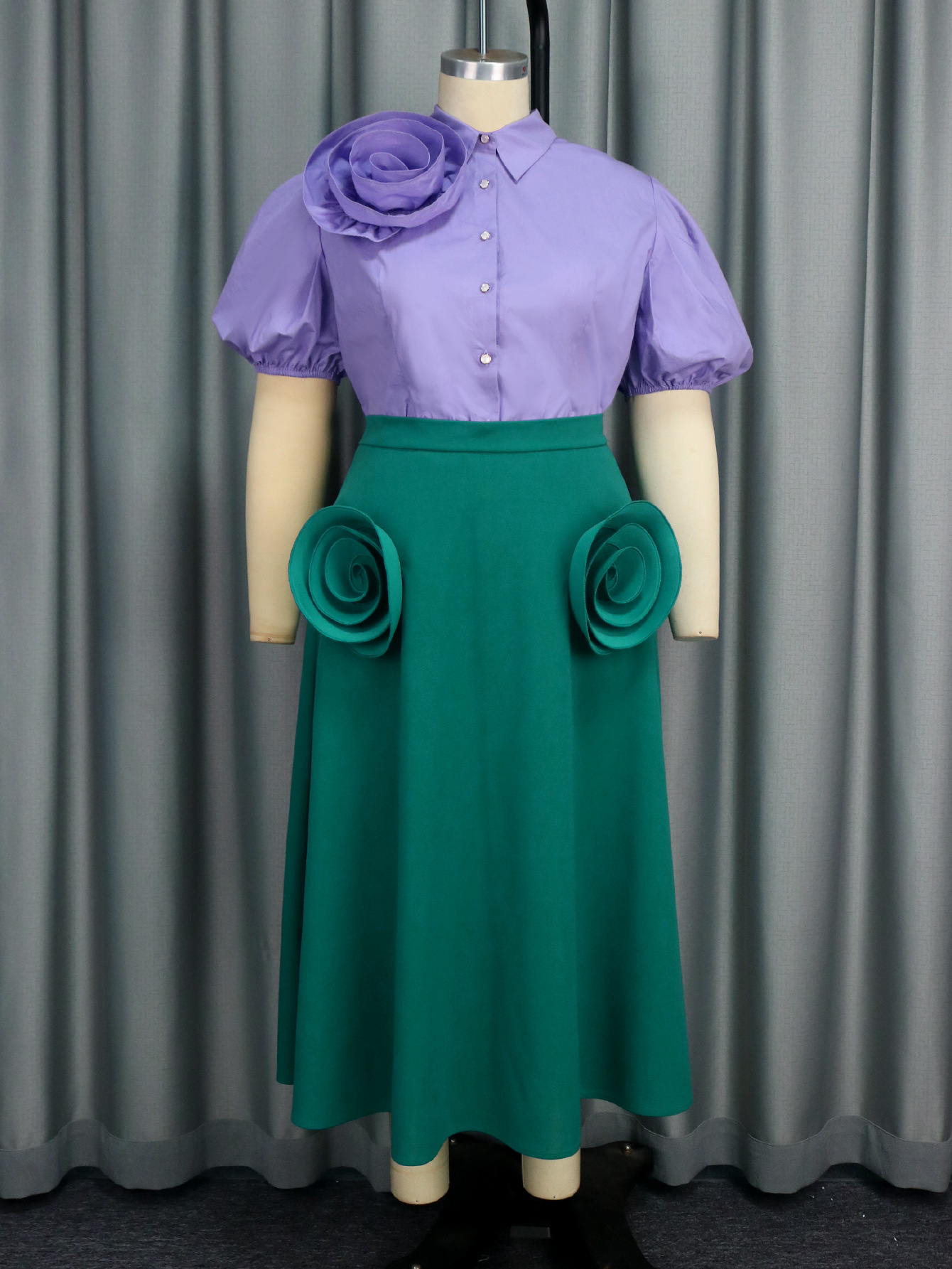 Plus-Sizes Elegant 3D Floral Blouse & Skirt Set - Two-Piece Outfit AM041031SET	-UGENA FASHION