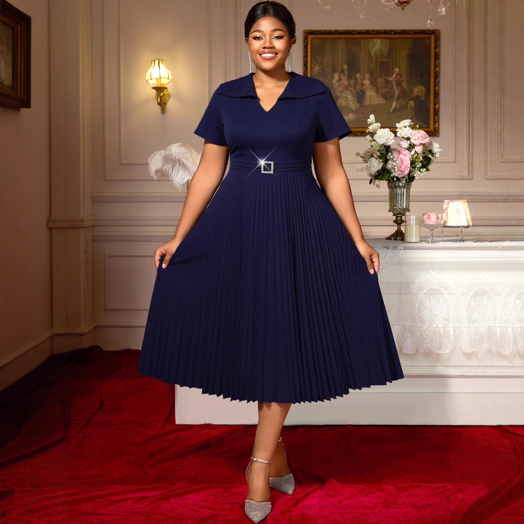 Plus-Sizes Classic Navy Blue  Midi Dress with Pleated Skirt AM050527	-UGENA FASHION