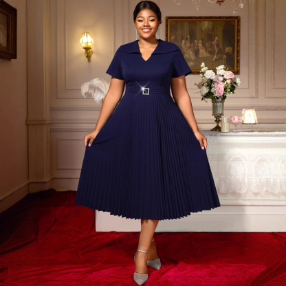 Plus-Sizes Classic Navy Blue  Midi Dress with Pleated Skirt AM050527	-UGENA FASHION