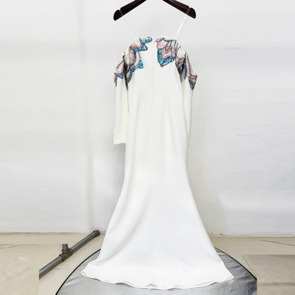 Elegant Off-the-Shoulder Mermaid Evening Gown - Long Sleeve White Formal Dress with Floral Sequin Appliqué 9100