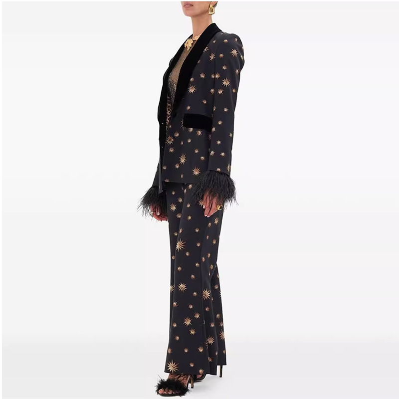 Black & Gold Star Print Suit Set - Feather Trim Flared Pants 3085