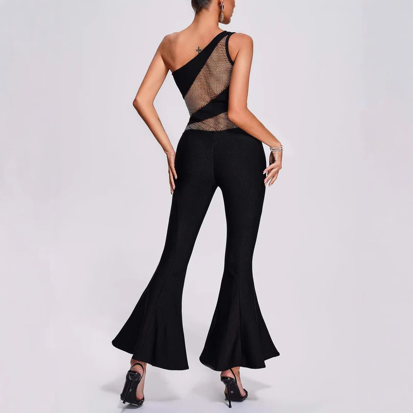 Dazzling One Shoulder Crystal Mesh Jumpsuit – Black Flared Leg Bodycon Romper BA352