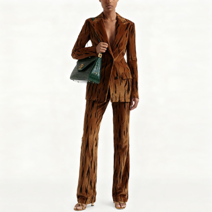 Bold Tiger Print Velvet Suit Set - Fitted Blazer & Wide Leg Trousers 3081
