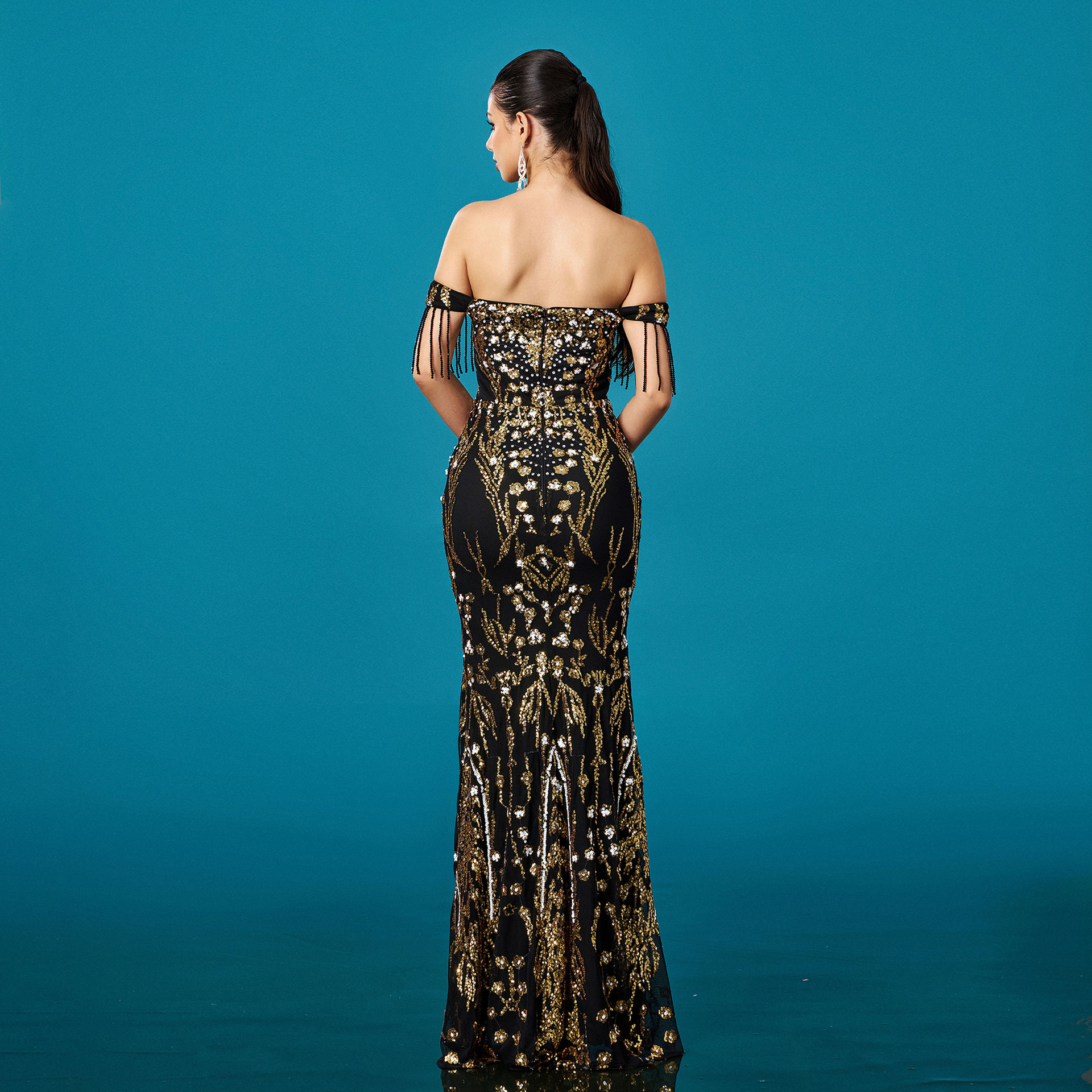 Luxury Black and Gold Sequin Off-Shoulder Mermaid Gown with Tassel Detail DH80448
