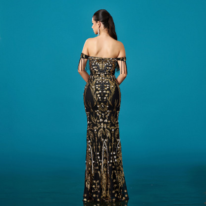 Luxury Black and Gold Sequin Off-Shoulder Mermaid Gown with Tassel Detail DH80448