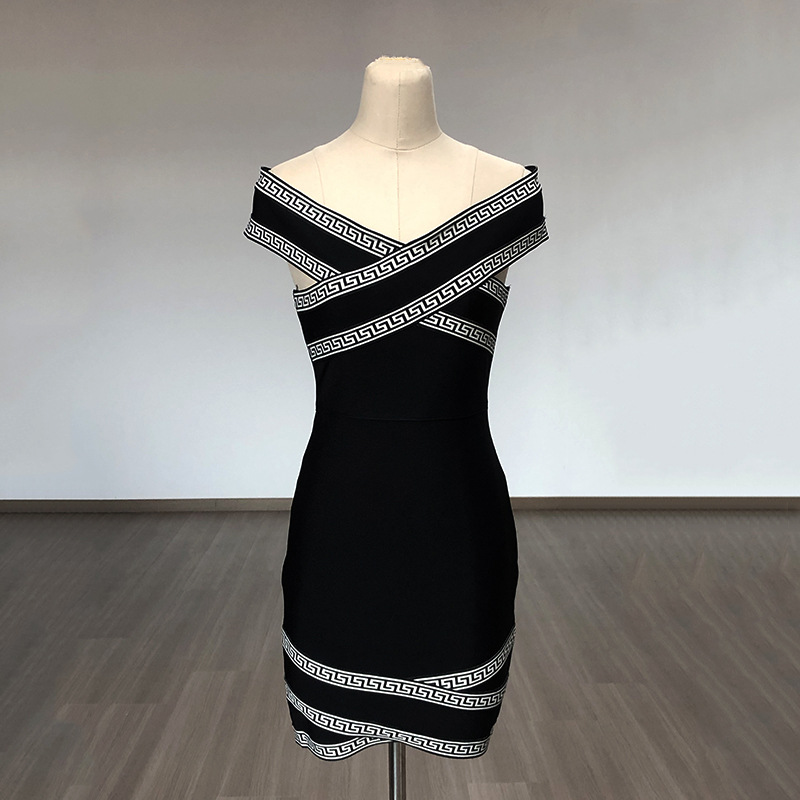 Iconic Greek Key Bandage Bodycon Mini Dress – Off-Shoulder Cross-Front Design BA350
