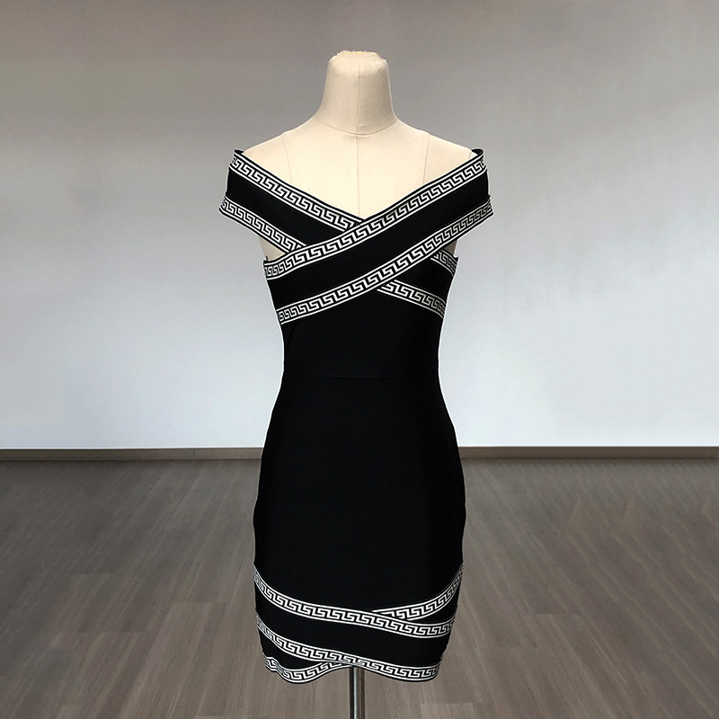 Iconic Greek Key Bandage Bodycon Mini Dress – Off-Shoulder Cross-Front Design BA350