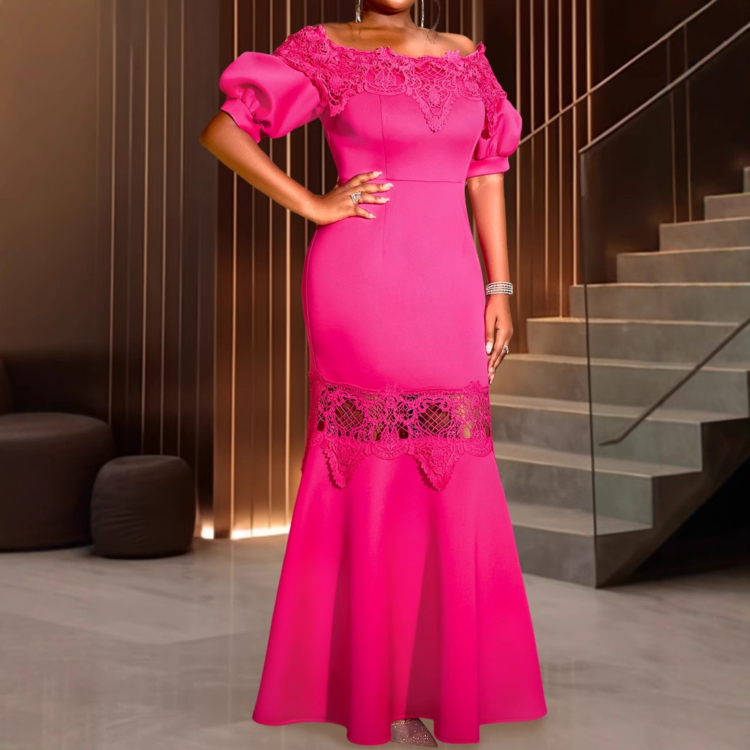 Plus-Sizes Elegant Off-Shoulder Mermaid Gown with Lace Trim - Fuchsia Bodycon Formal Dress AM041010	-UGENA FASHION