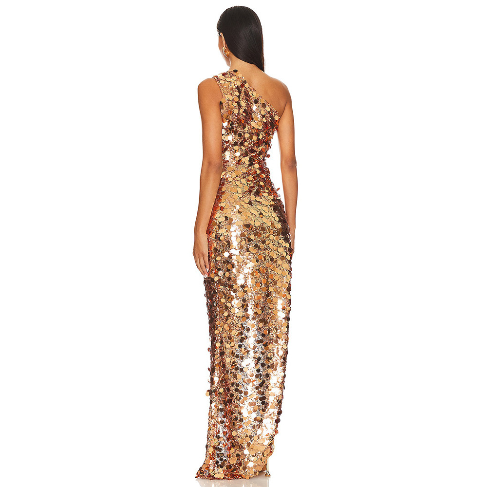 Stunning Copper Sequin One-Shoulder Gown with High Slit Z0033