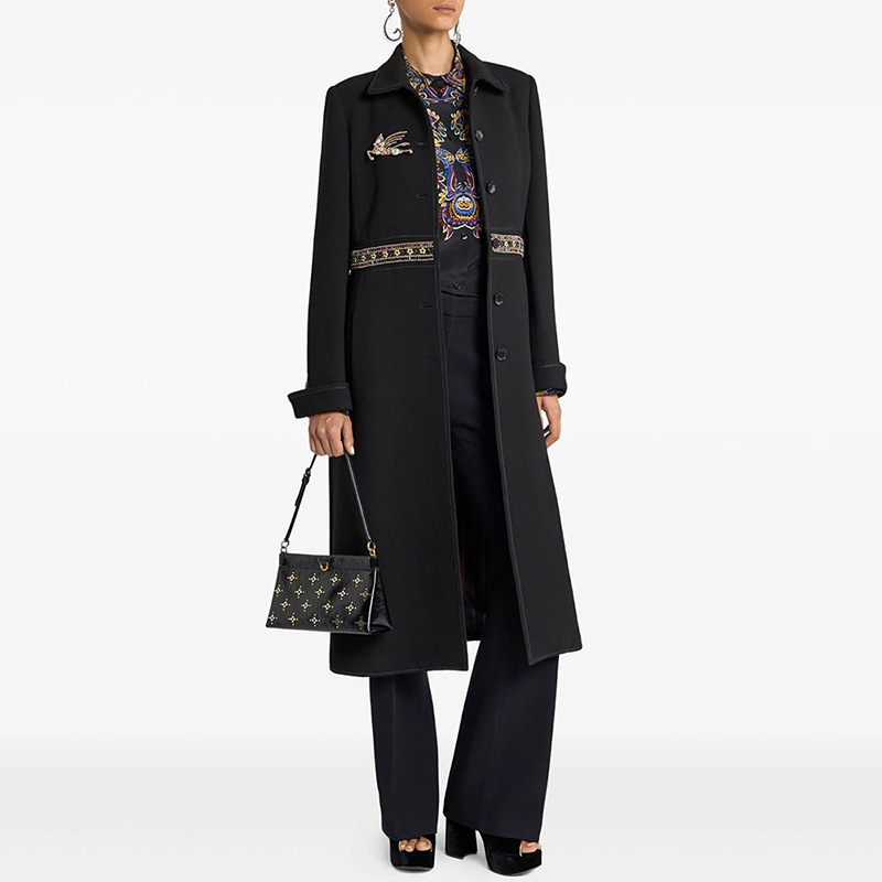 Elegant Black Slim-Fit Coat with Gold Embellished Waist Band 3086