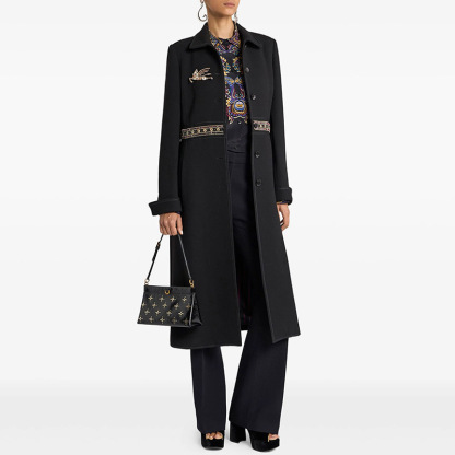 Elegant Black Slim-Fit Coat with Gold Embellished Waist Band 3086