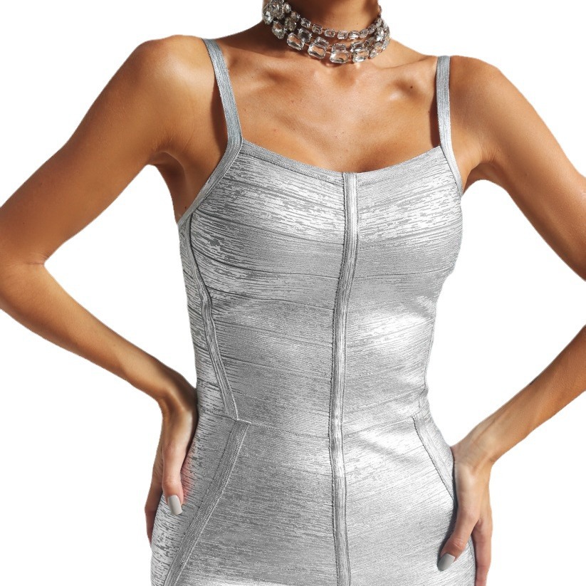 Metallic Silver Bandage Mini Dress - Disco Sparkle Bodycon Club Party Wear with Cami Strapsa BA443