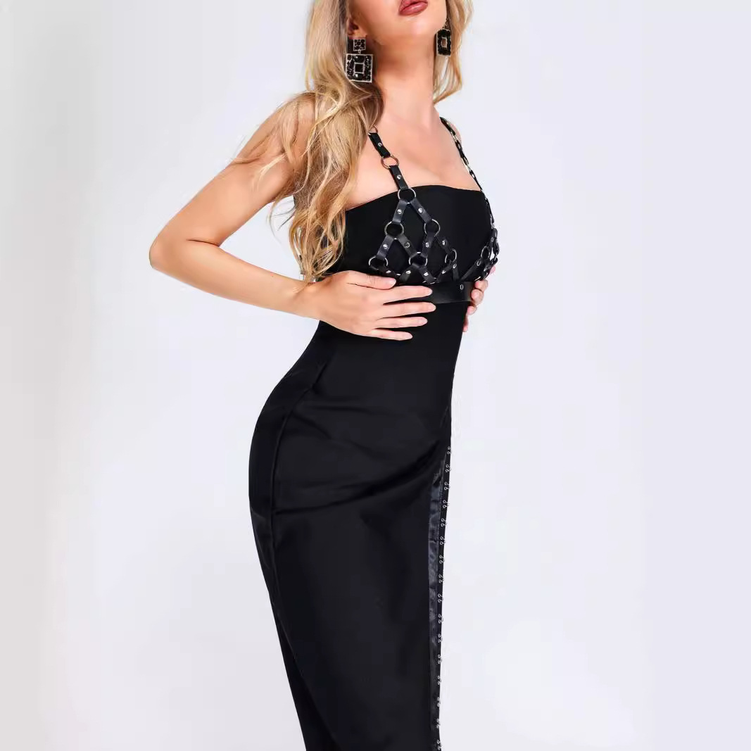Black Faux Leather Harness Bodycon Midi Dress - O-Ring High Slit Dress BA438