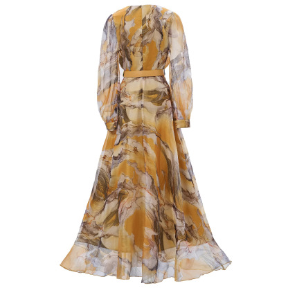 Marbled Print Chiffon Maxi Dress with Belt | Yellow V-Neck Balloon Long Sleeve Flowy Gown | Elegant Summer/Formal Occasion Wear qc18
