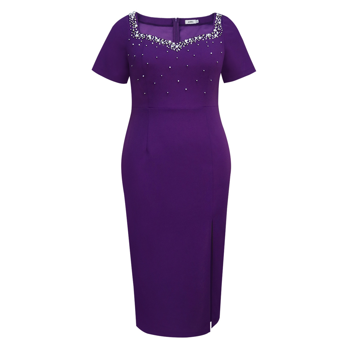 Plus-Sizes Rhinestone Embellished Purple  Midi Dress AM050104	-UGENA FASHION