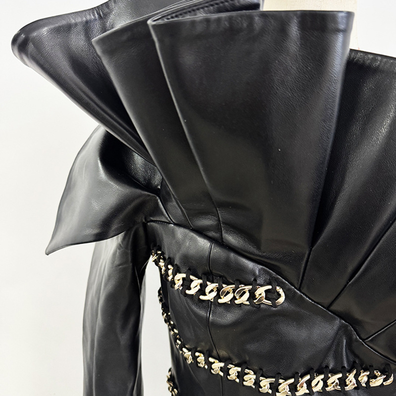 Edgy Black Faux Leather One-Shoulder Mini Dress with Gold Chain 2810