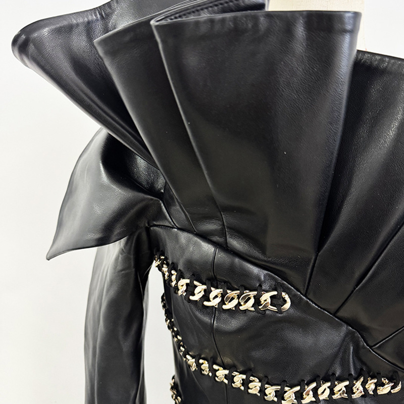 Edgy Black Faux Leather One-Shoulder Mini Dress with Gold Chain 2810