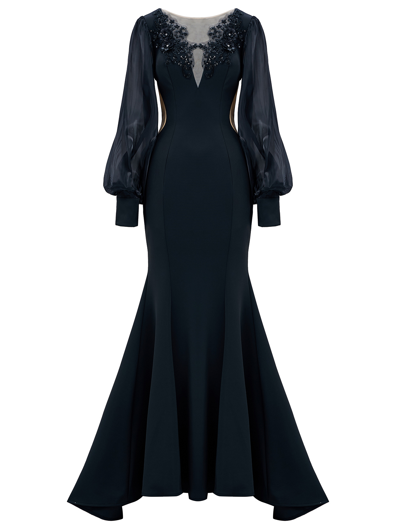 Black Statement Puff Sleeve Mermaid Gown | Beaded V-Neck Illusion Formal Dress qc15