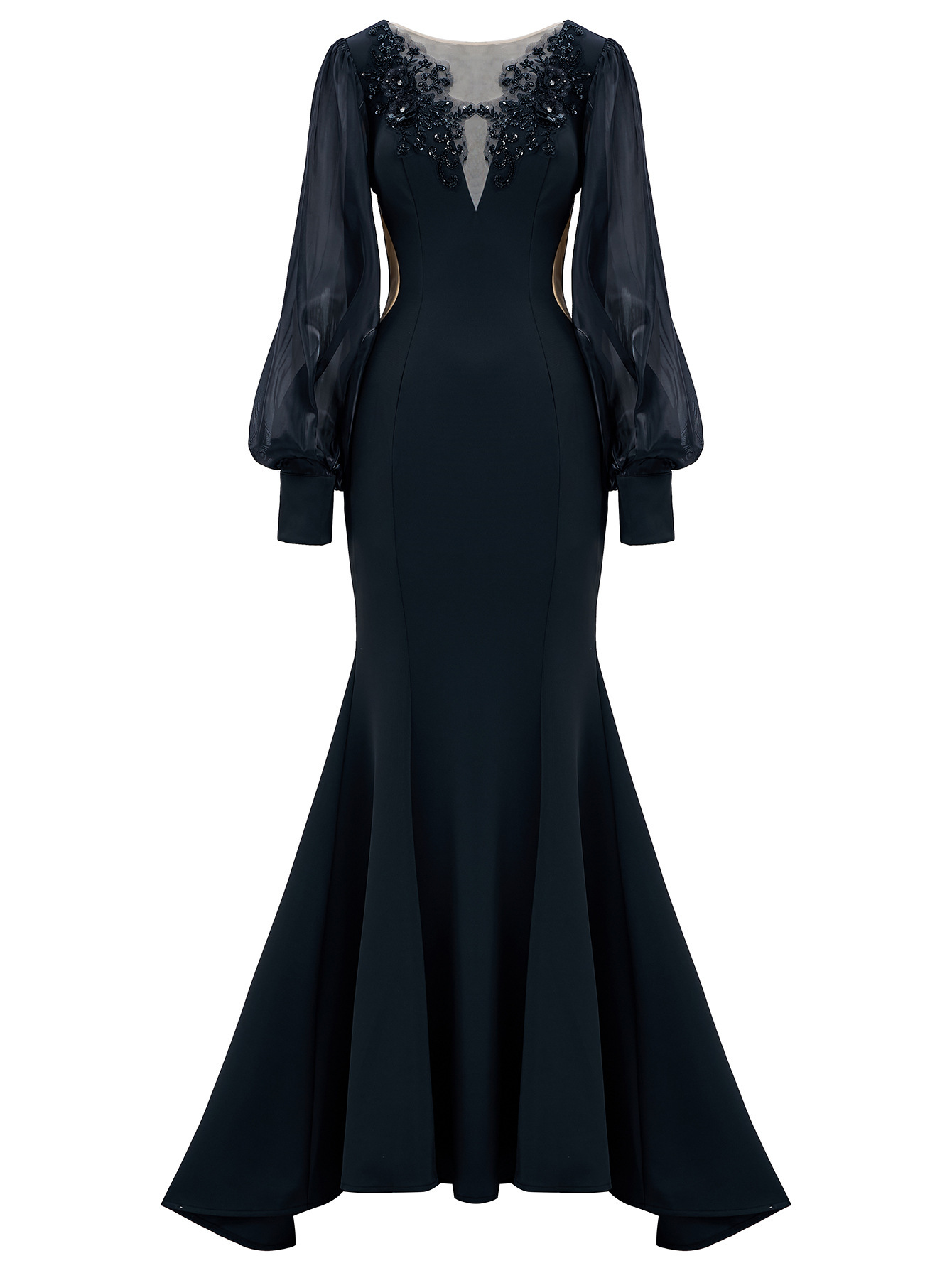 Black Statement Puff Sleeve Mermaid Gown | Beaded V-Neck Illusion Formal Dress qc15