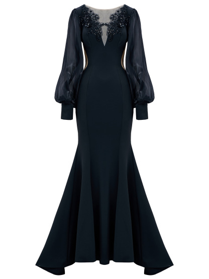 Black Statement Puff Sleeve Mermaid Gown | Beaded V-Neck Illusion Formal Dress qc15