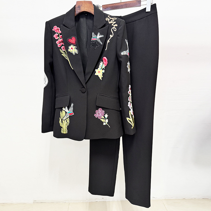 In Stock 2025 European and American Celebrity Fashion New Heavy Beaded Embroidered Blazer and Pants Set Two-Piece Set